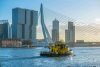 Boot rijd op een rivier langs de Erasmusbrug in Rotterdam